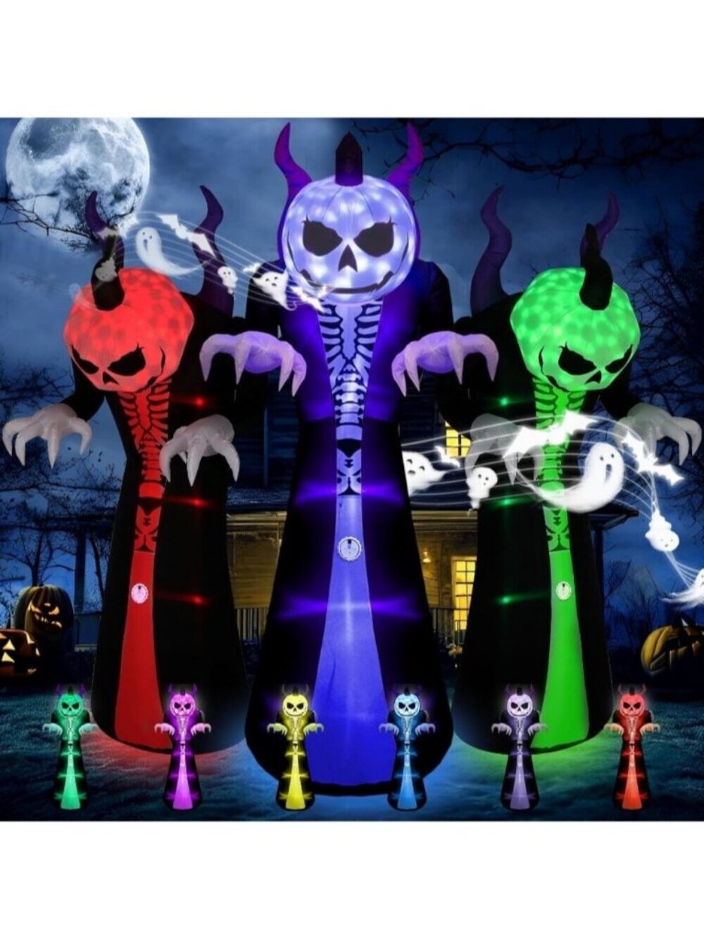 10FT Halloween Inflatable Decorations w/ 8 Colors Scream Sound Grim Reaper Ghost